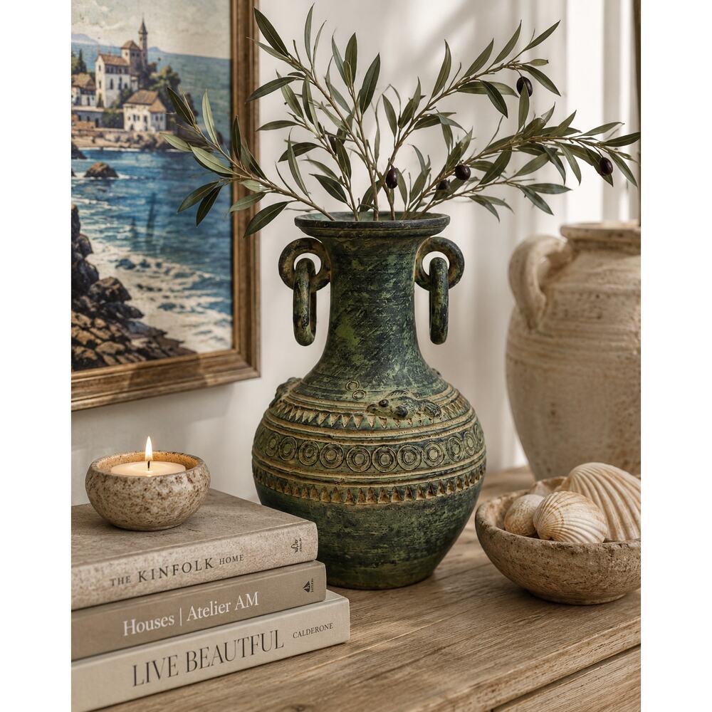 Greek Amphora Fish Motif Pottery Vase Verdigris Mediterranean Decor